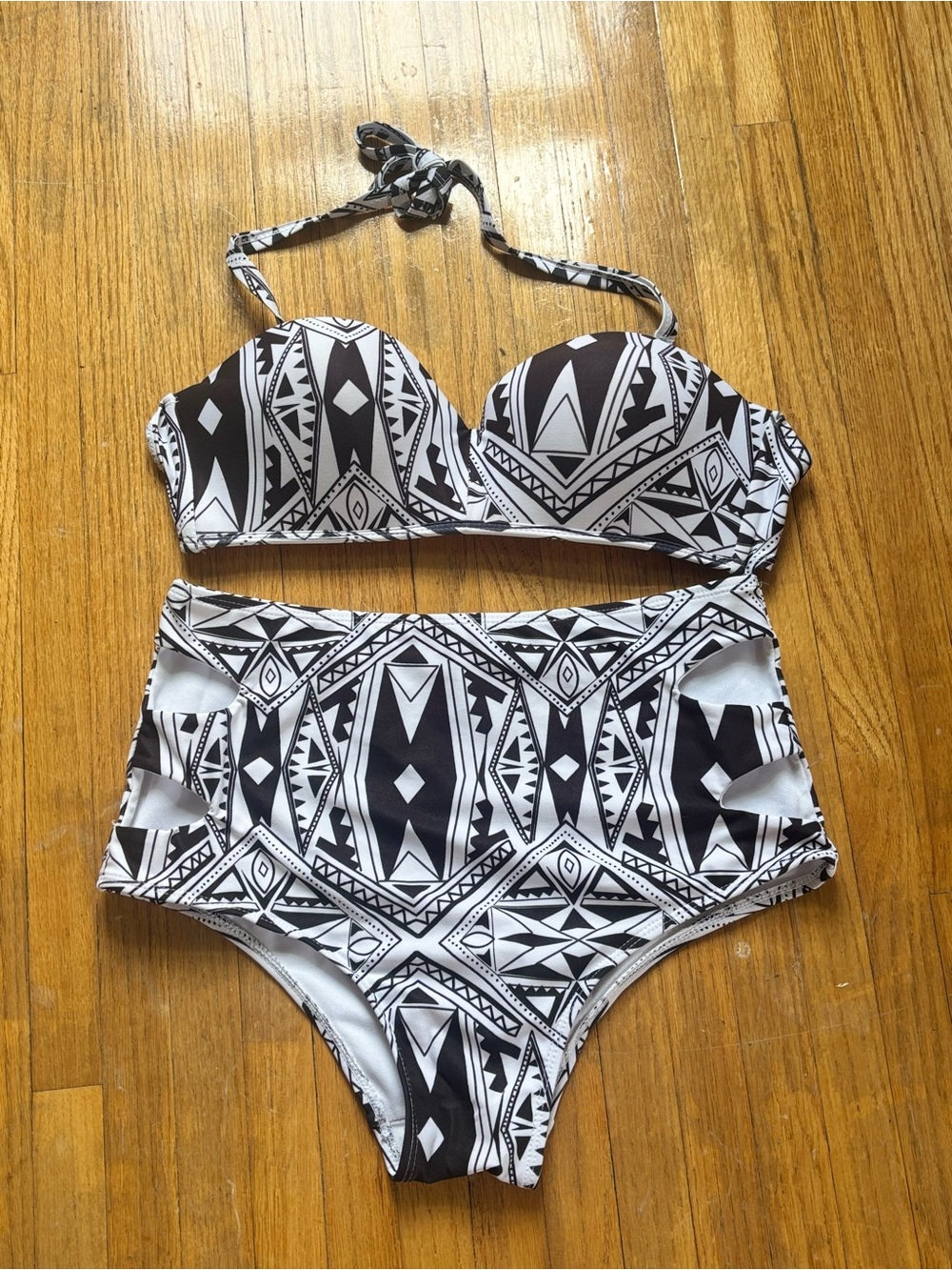 Black & White Geometric High-Waist Bikini Set